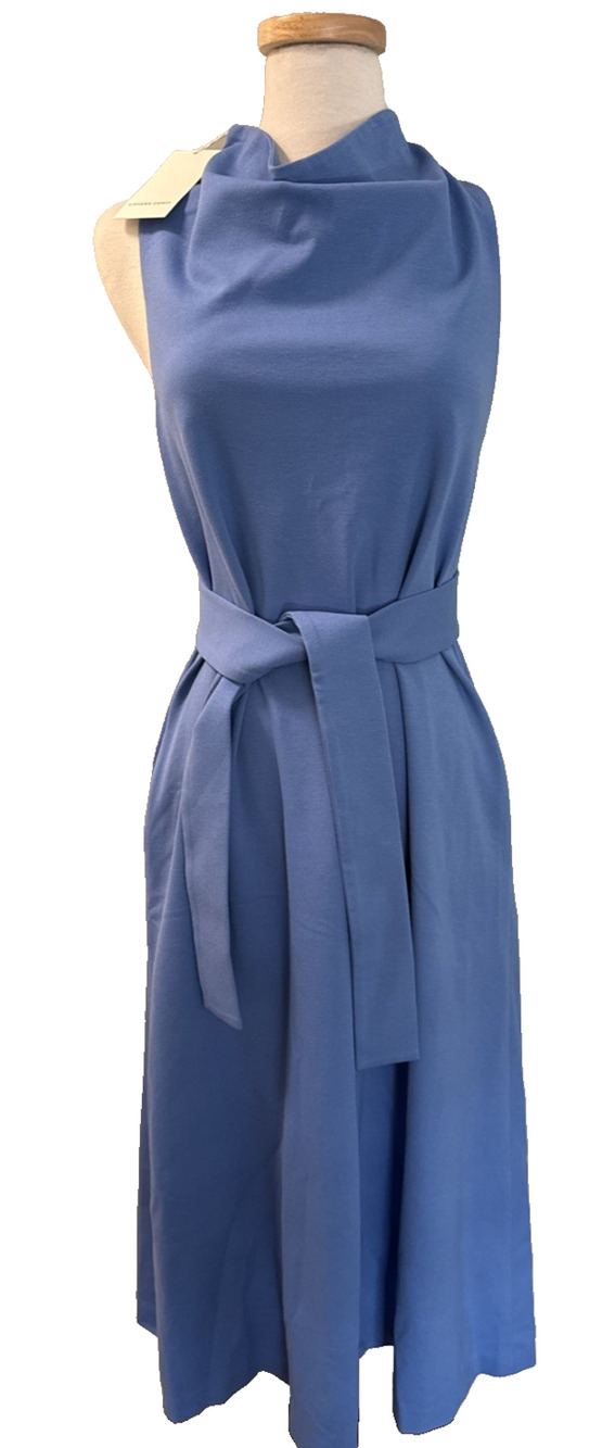 Liviana Conti Dress 42 NWT Cornflower Blue Cowl Neck Sleeveless Midi Belted
